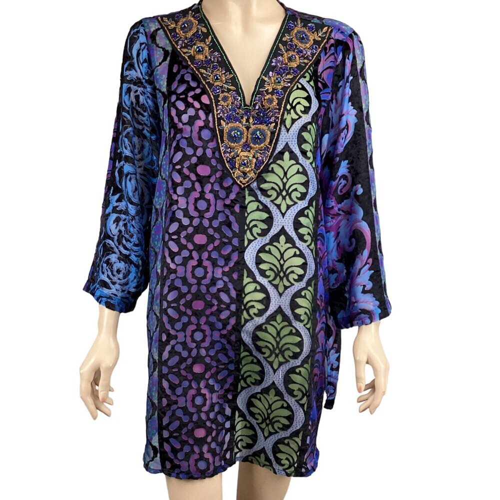 Soft Surroundings Boho Tunic‎ Top Size Large Beaded Sequin V-Neck Velvet Burnout